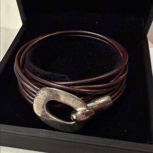 Men's Brown Leather Wrap Bracelet with Silver Hook Accent